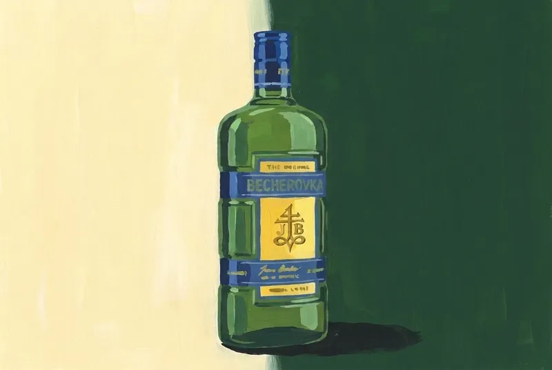 Painted illustration of a bottle of Becherovka