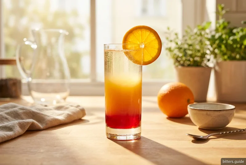 Bitter Sunrise — 오렌지 주스와 그레나딘을 곁들인 논알코올 오렌지 비터스