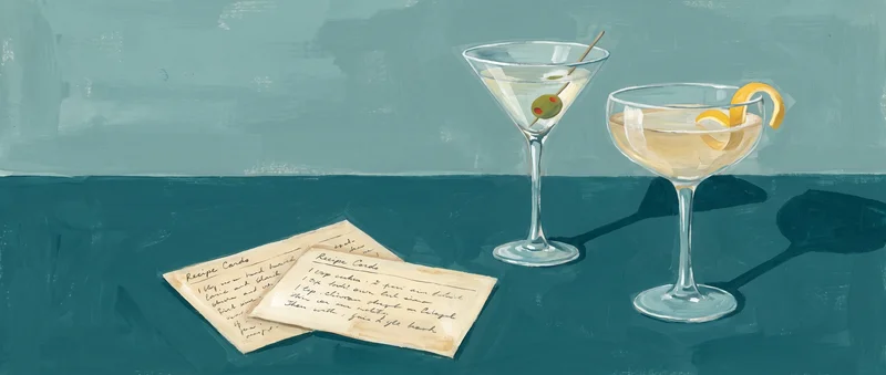 illustration à l’encre de fiches de recettes de cocktails éparpillées avec élégance