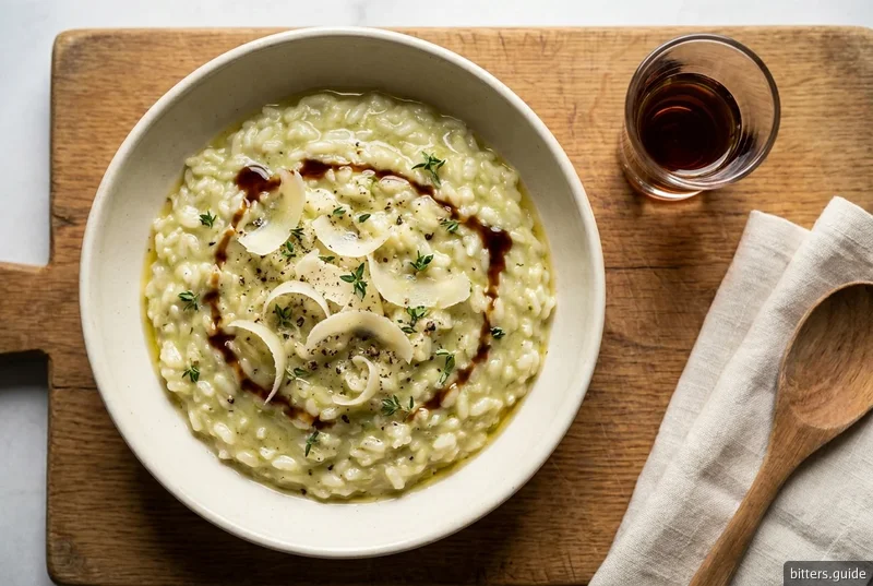 Cynar Risotto — Risotto italien crémeux terminé au Cynar, où l’amaro à base d’artichaut renforce le bouillon de légumes