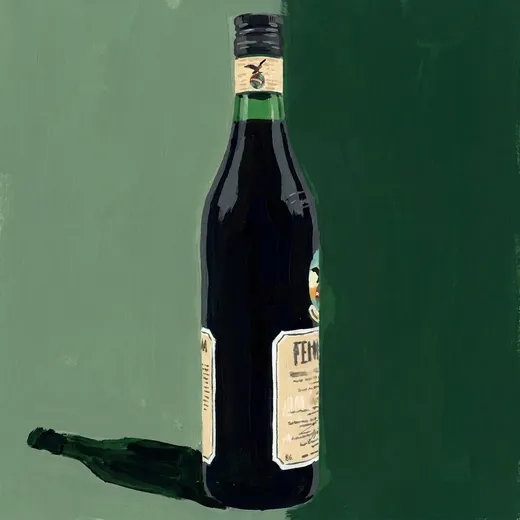 Illustrazione dipinta di una bottiglia di Fernet Branca