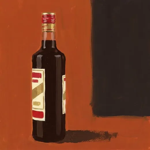 Painted illustration of a bottle of Rabarbaro Zucca