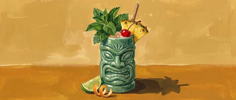 Illustrazione dipinta di un cocktail in tiki mug guarnito con menta, ananas e una ciliegia
