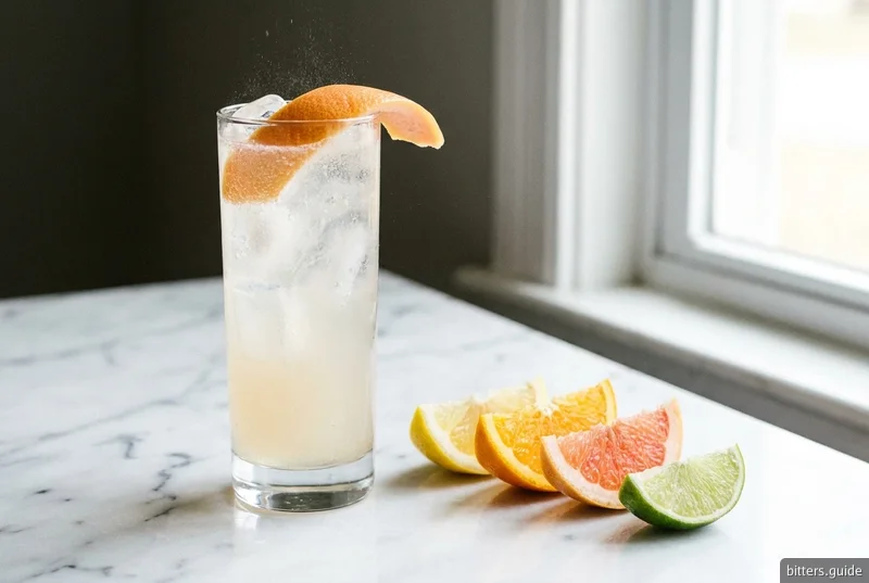 Four-Peel Collins — A gin Collins carrying four kinds of citrus peel at once