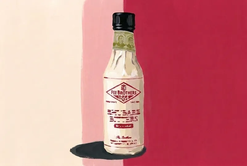 Painted illustration of a bottle of Fee Brothers Rhubarb Bitters
