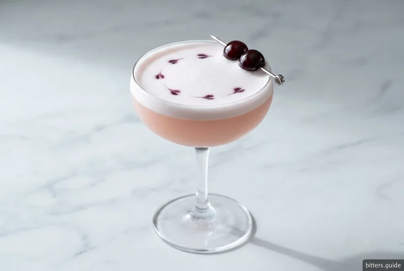 Lusty Lady — A gin sour turned pale pink, with lavender bitters over the foam