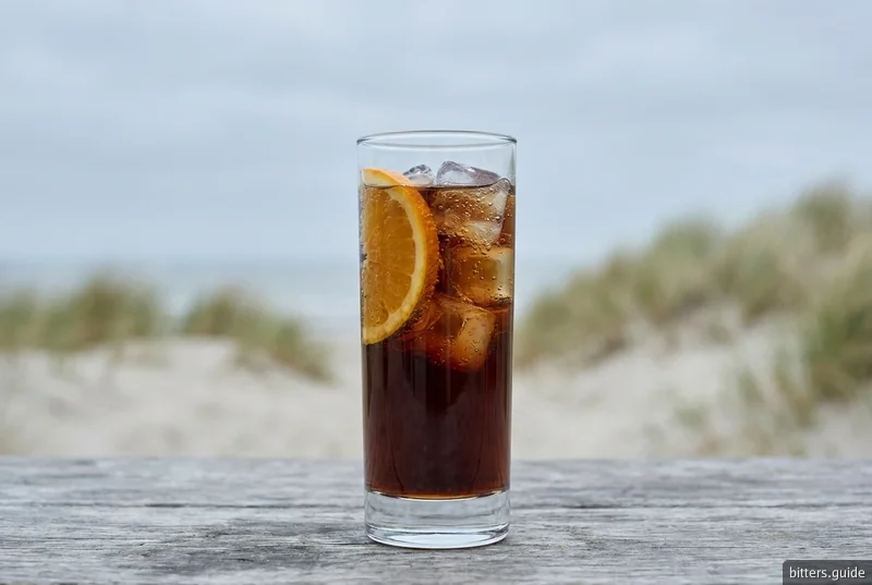Scheepsbitter and Cola — Un amaro alle erbe dell'isola di Texel, allungato con cola su ghiaccio e servito con una fetta d'arancia