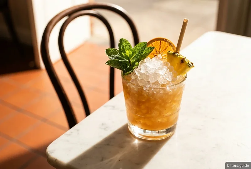 Sherry Cobbler — Muddled fruit, sherry and crushed ice, with chocolate bitters through it