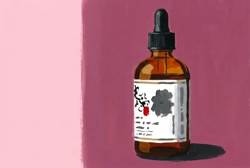 Painted illustration of a bottle of The Japanese Bitters Co. Sakura Bitters