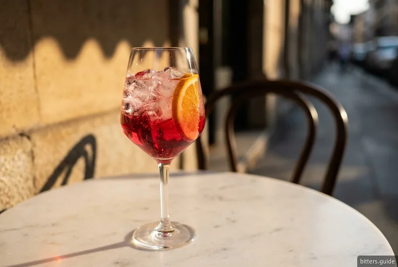Campari Spritz — Campari の上にプロセッコと少量のソーダを重ねたスプリッツ