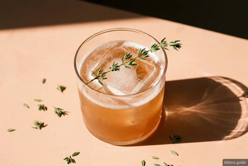 NoGroni — A shaken zero-proof answer to the Negroni, thyme and date instead of gin and vermouth