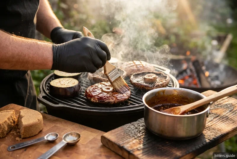 Angostura Glazed Portobello and Eggplant — Gegrillte Portobello-Hüte und Auberginenscheiben, lackiert mit einer rauchig-süßen Glasur aus Angostura-Bitters