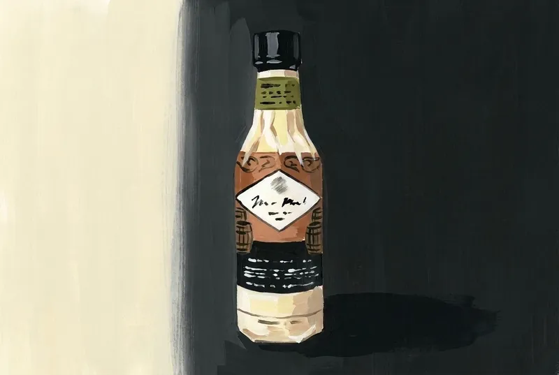 Painted illustration of a bottle of Fee Brothers Whiskey Barrel Aged Bitters