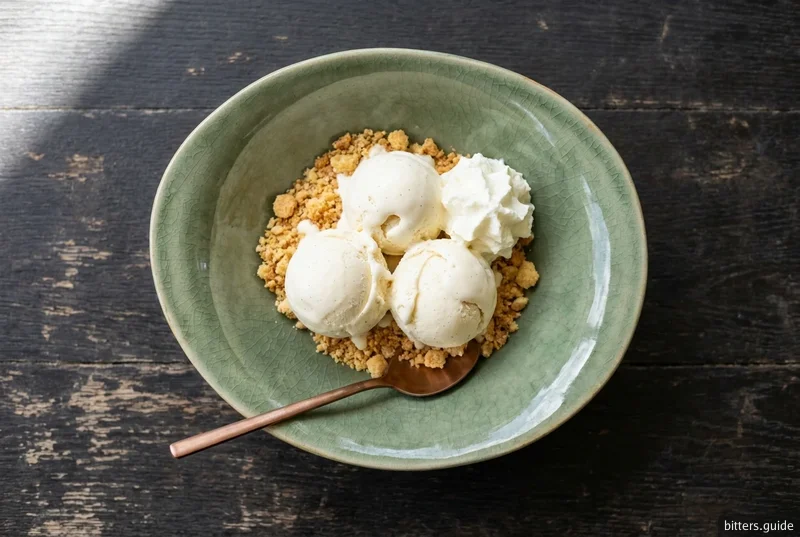 Scheepsbitter Ice Cream — Vanilla custard ice cream with a measure of Texel's herbal bitter, served over crumbled almond biscuits