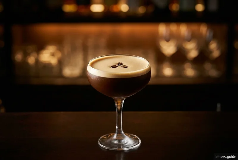Espresso Martini — Un classique moderne — vodka, liqueur de café et espresso frais frappés jusqu’à une mousse soyeuse, approfondi par quelques traits de bitters au cacao