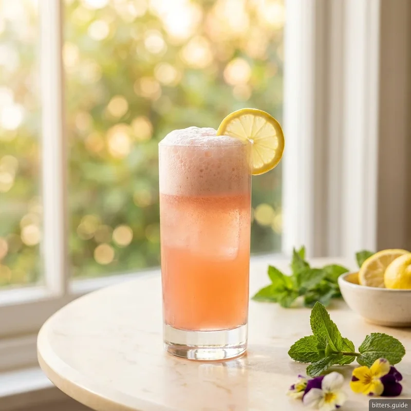 Rhubarb Gin Fizz — A bright gin fizz laced with rhubarb bitters — tart, floral and long over soda