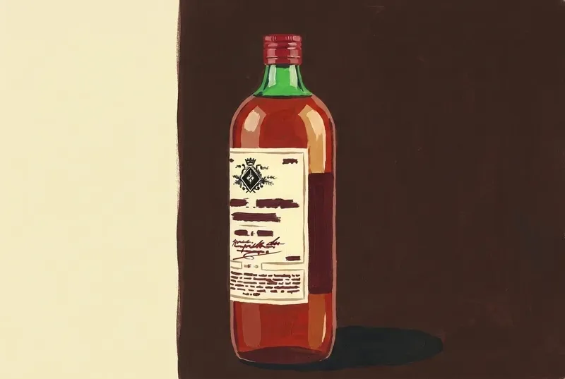Painted illustration of a bottle of Weduwe Joustra Berenburg