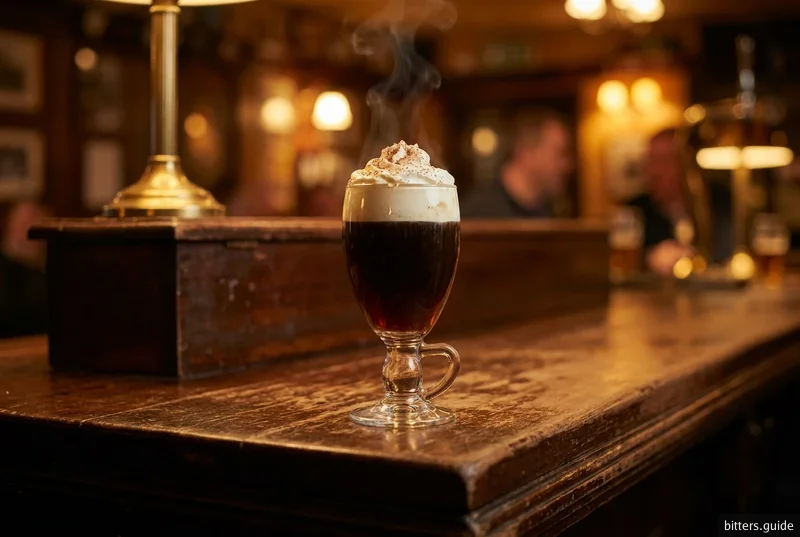 Irish Coffee — 1943 年的原版——热咖啡、爱尔兰威士忌与红糖，覆上一圈轻轻打发的奶油，再以可可苦精提味