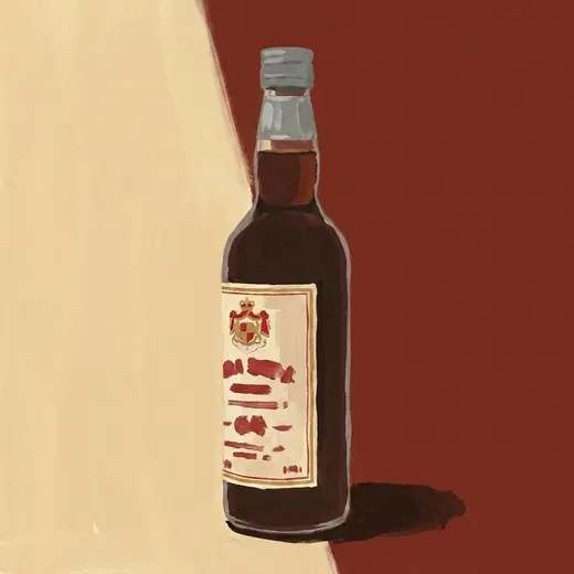 Painted illustration of a bottle of Gammel Dansk