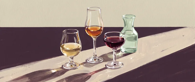Painted illustration of three tasting glasses in a row, holding a pale gold, an amber and a deep garnet pour