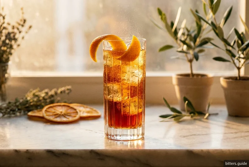 Amaro Highball — 一杯轻松易饮的长饮，阿马罗兑汤力水，加冰块，缀以橙皮卷