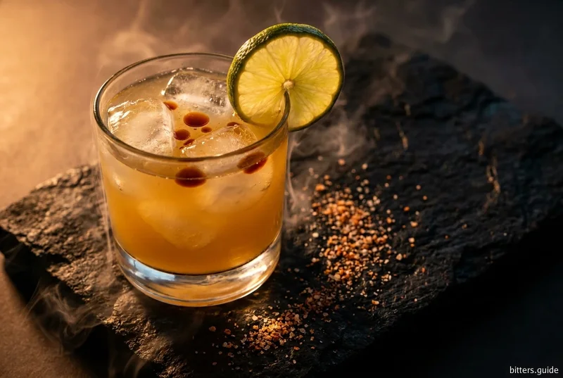 Ash and Ember — A shaken agave drink carrying two chili bitters, one smoked and one cocoa-dark
