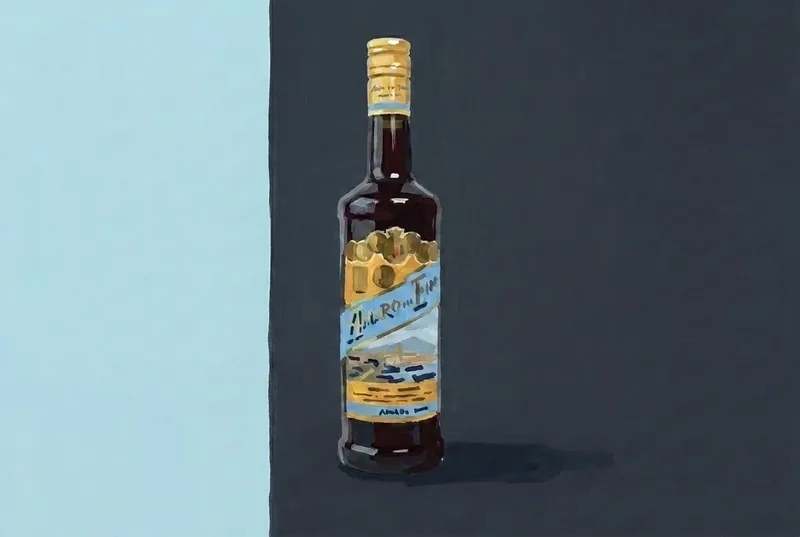 Painted illustration of a bottle of Agrosan Amaro dell'Etna