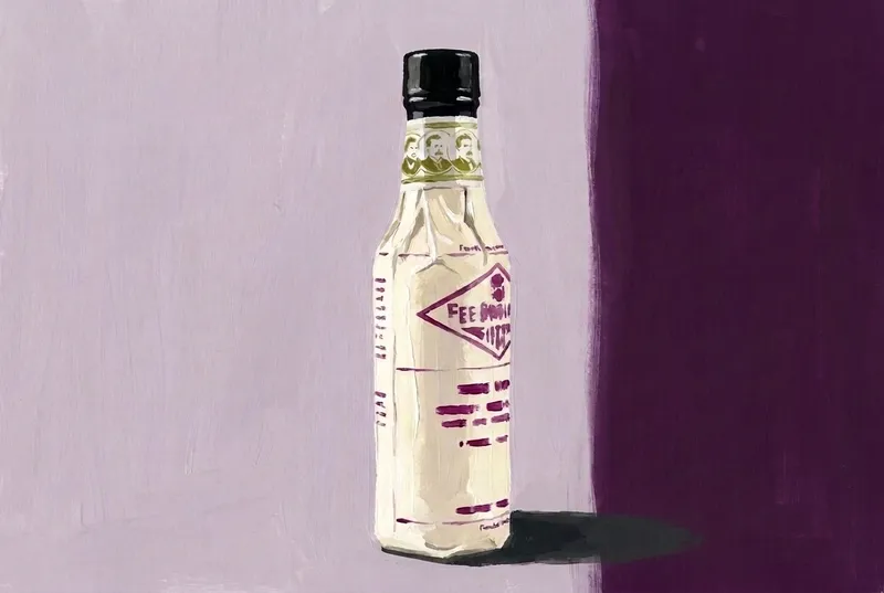Painted illustration of a bottle of Fee Brothers Plum Bitters
