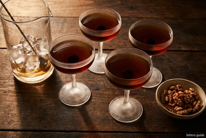 Smoked Walnut Manhattan — A Manhattan for four, deepened with a honey-sweetened Marche amaro and walnut liqueur