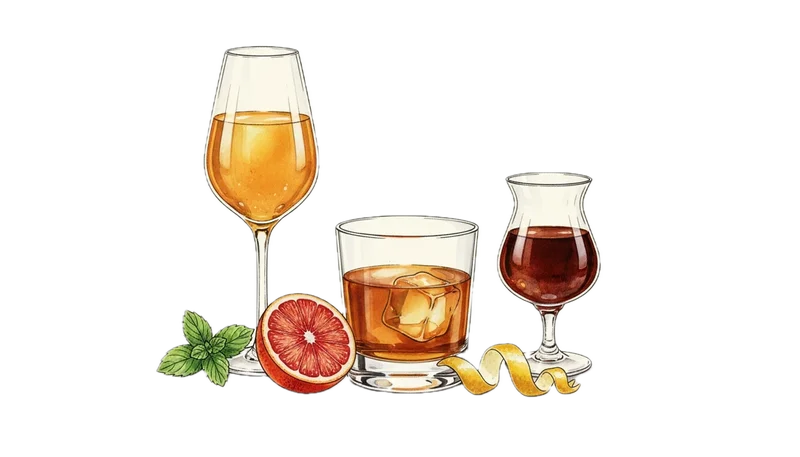 Three distinct, illustrated bitter liqueur bottles