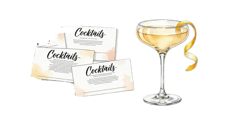 ink illustration of artfully scattered cocktail recipe cards