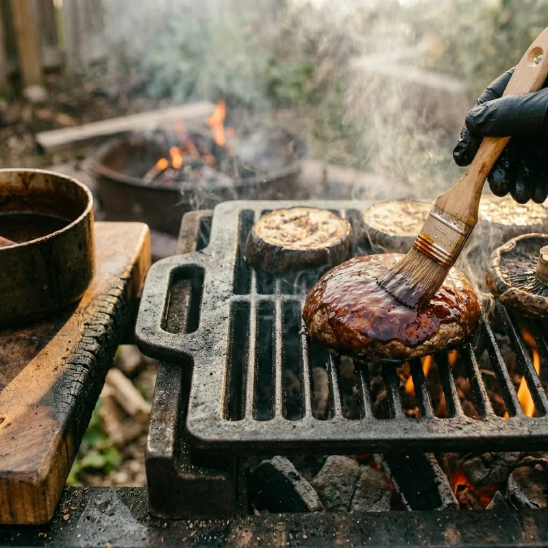 Grilled portobello caps and eggplant rounds lacquered with a smoky-sweet Angostura bitters glaze