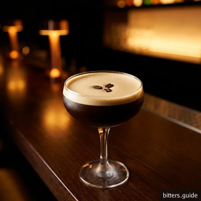 Espresso Martini — A modern classic — vodka, coffee liqueur and fresh espresso shaken to a silky foam, deepened with a few dashes of cacao bitters