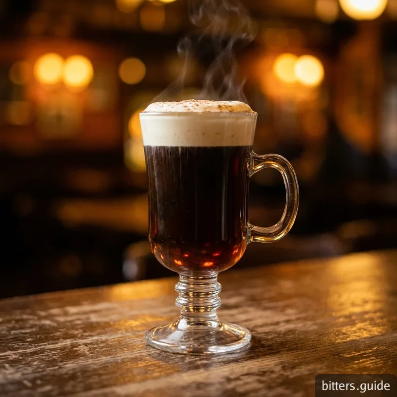 Irish Coffee — The 1943 original — hot coffee, Irish whiskey and brown sugar under a collar of lightly whipped cream, lifted with cocoa bitters