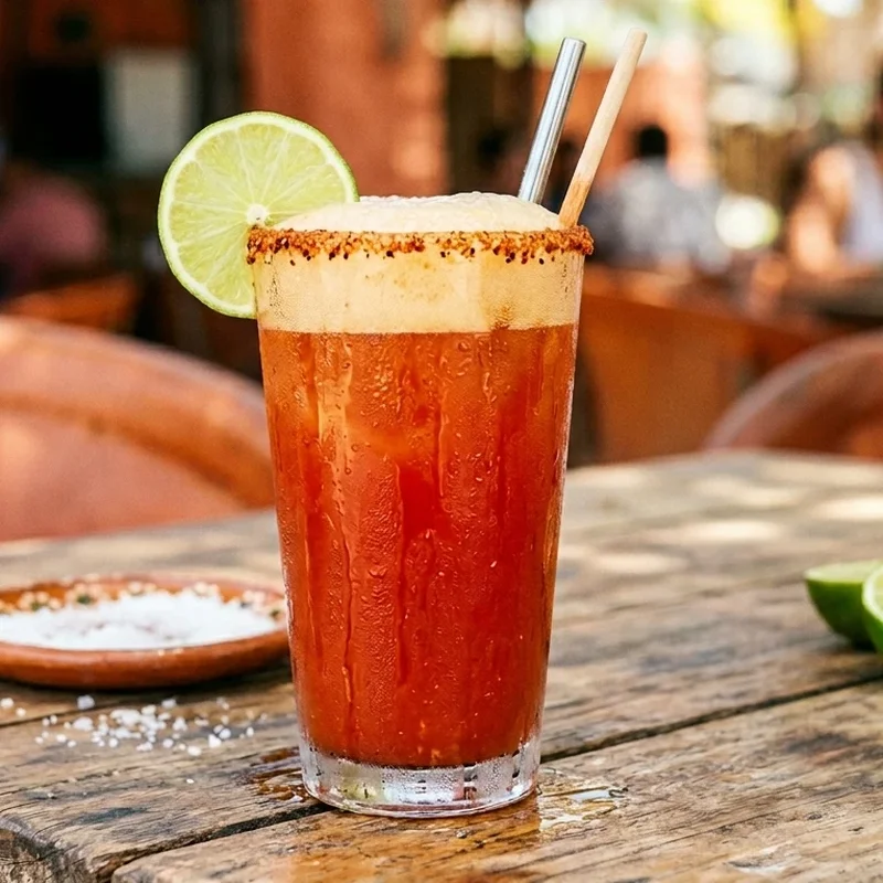 Mexican beer cocktail with lime, salt, hot sauce, and a dash of aromatic bitters