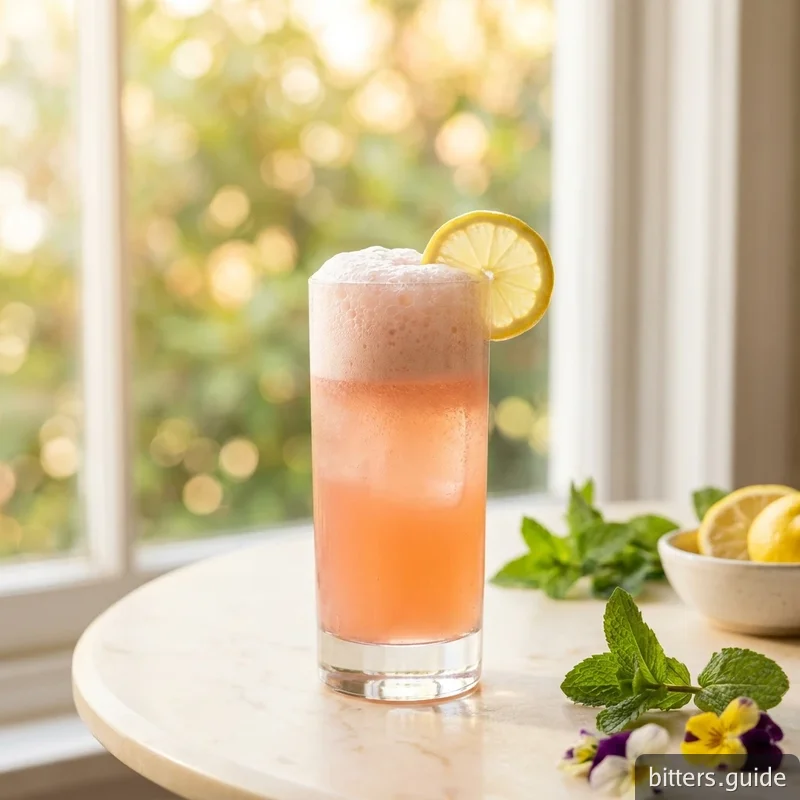 Rhubarb Gin Fizz — A bright gin fizz laced with rhubarb bitters — tart, floral and long over soda